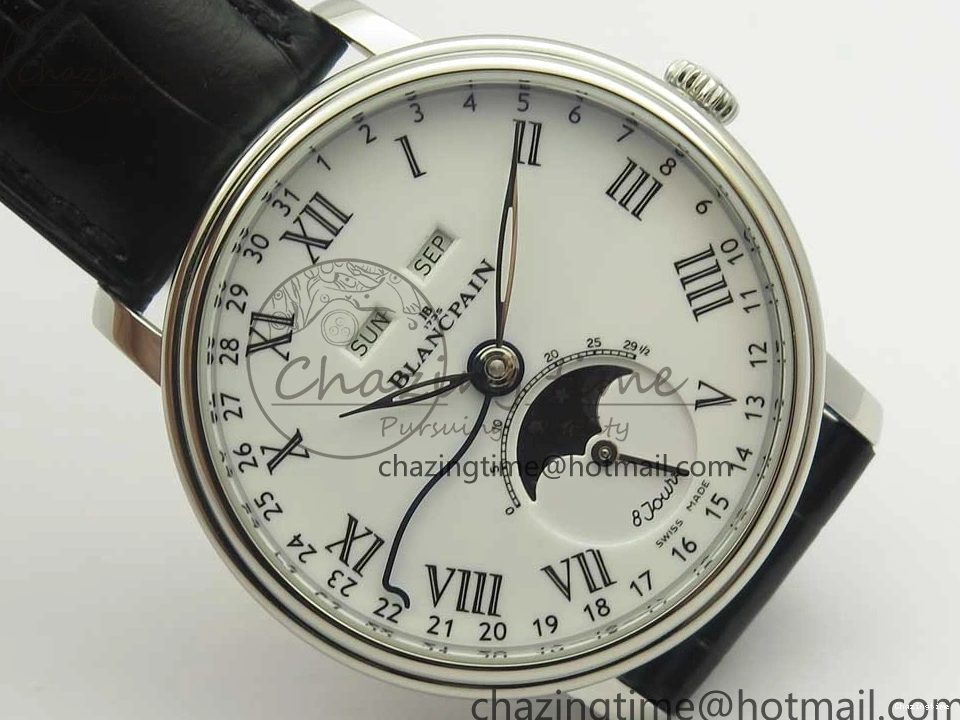 0512 FlexibleFit Villeret Quantième Complet 8 Jours SS Complicated Function OMF 1:1 Best Edition White Dial on Black Leather Strap A 7984